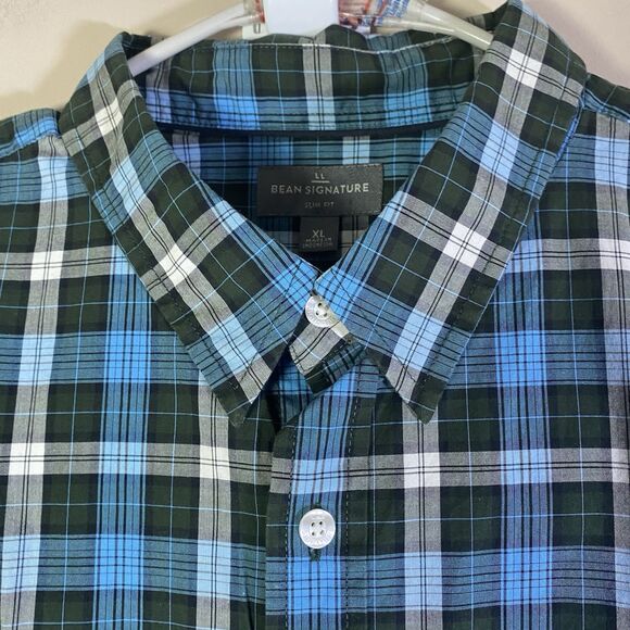 LL Bean Signature Shirt Men XL  Slim Fit Blue Gray Plaid Button Up Oxford Cotton - Picture 1 of 9